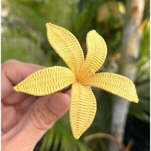 Tahiti Flower Hair Pick Yellow Raffia Coconut Leaf Wire Rito 4” Hawaii